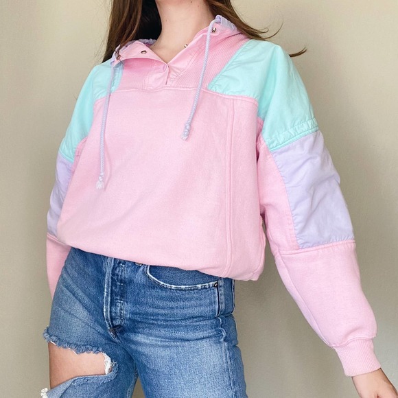 Vintage Tops - Vintage Pink Purple Teal Pastel Pullover Quarter Snap Sweatshirt Jacket